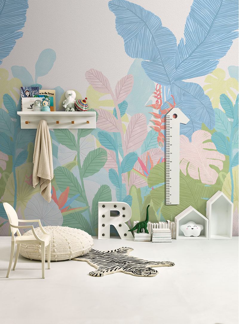 Painel-de-parede-floresta-tropical-azul-e-rosa