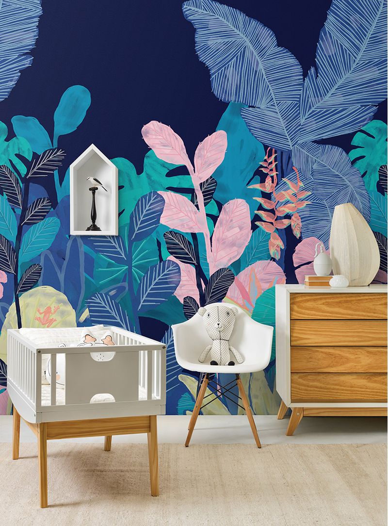 Painel-de-parede-floresta-tropical-azul-escuro-e-rosa