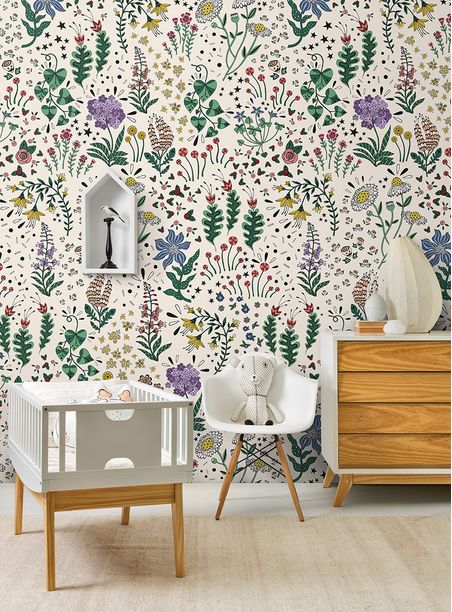 Papel de parede floral pop bege colorido