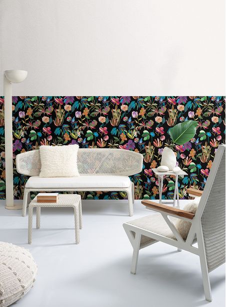 Papel de parede flores imaginárias mini fundo preto e neon