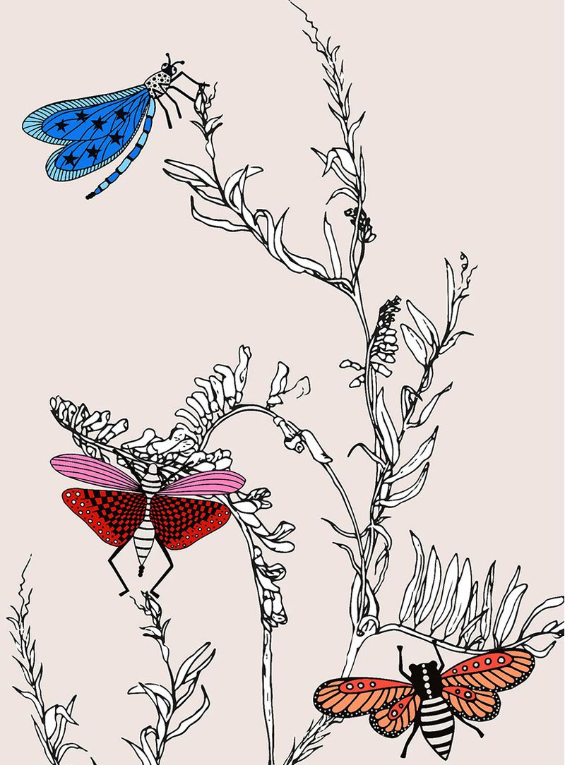 Papel-de-parede-insetos-e-folhas-fundo-bege