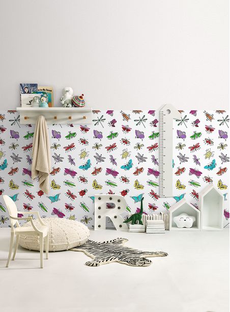 Papel de parede insetos coloridos fundo branco