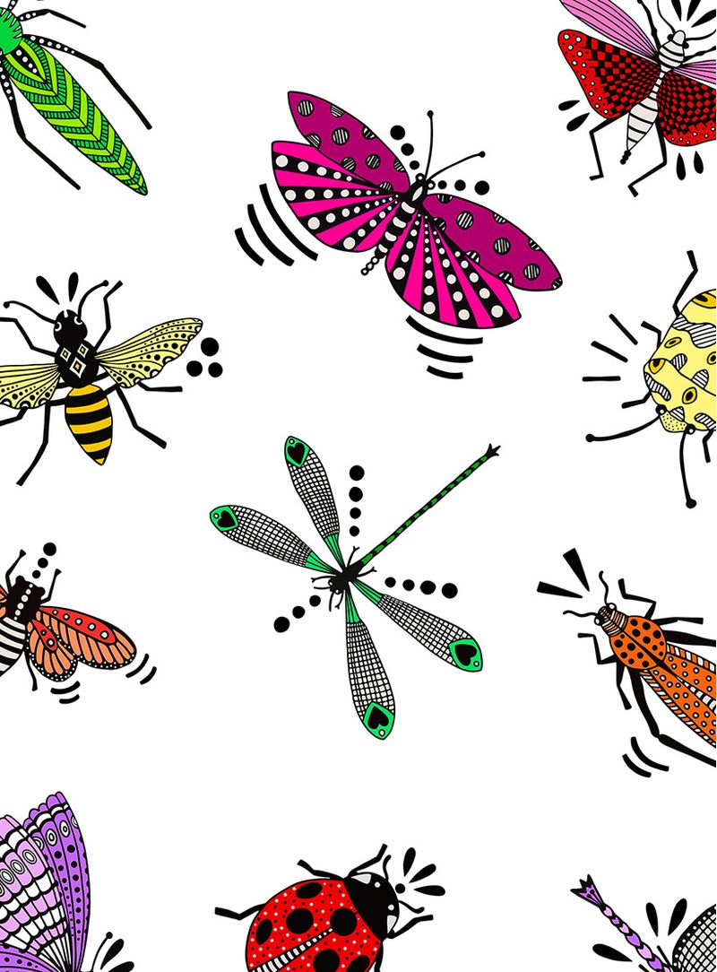 Papel-de-parede-insetos-coloridos-fundo-branco