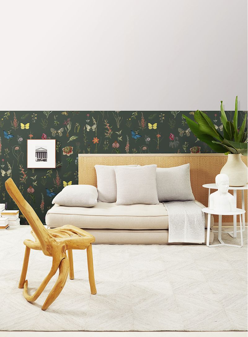 Papel-de-parede-petalas-e-asas-verde-escuro