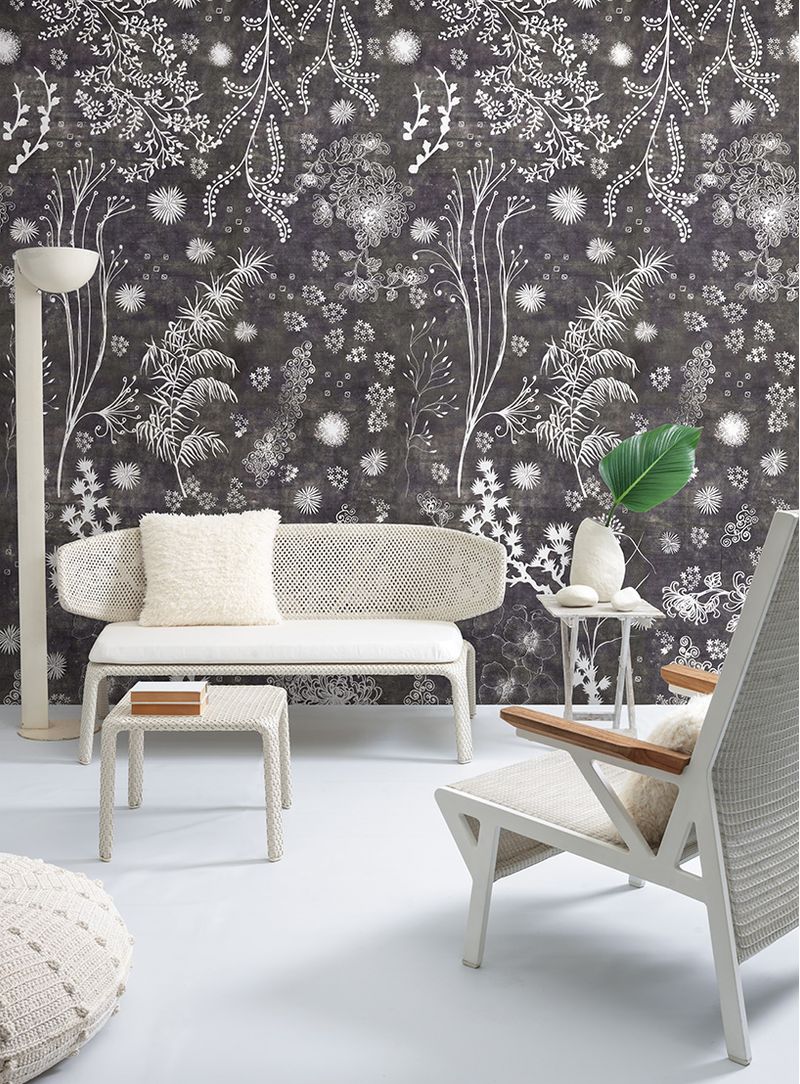 Papel-de-parede-plantas-e-estrelas-fundo-cinza