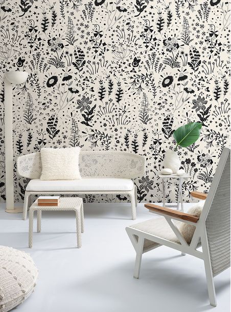 Papel de parede floral pop preto e branco