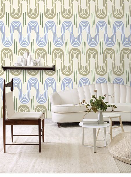 Papel de parede onda divertida bege e azul