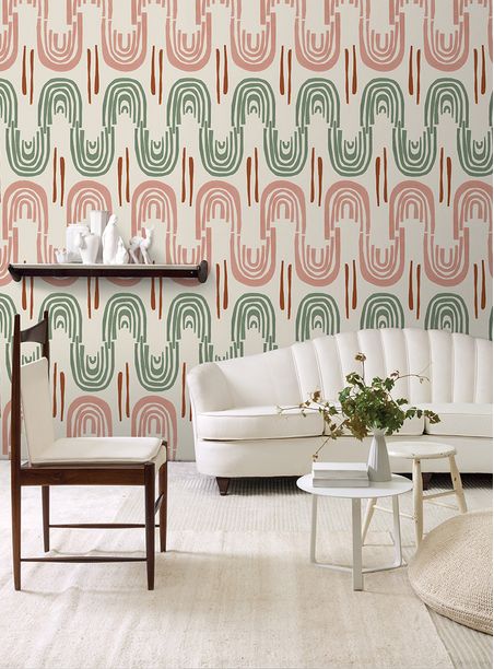 Papel de parede onda divertida verde e rosa