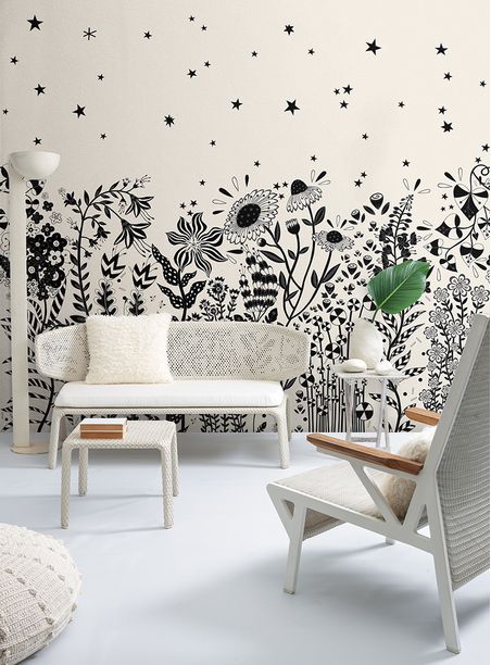 Painel de parede canteiro florido preto e branco