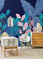 Painel-de-parede-floresta-tropical-azul-escuro-e-rosa