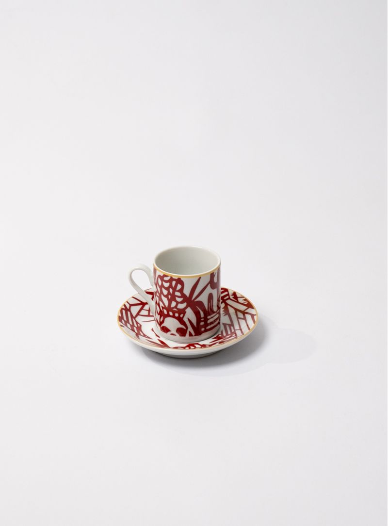 Xícara De Café Com Pires Jardim Vermelho e Dourado