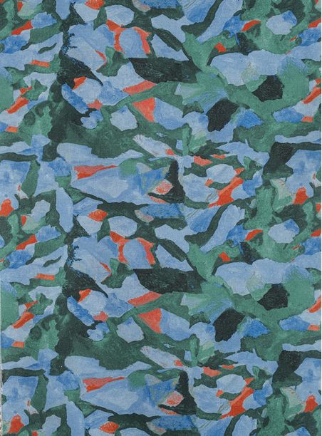 tecido estampado dentro da mata verde, azul e vermelho